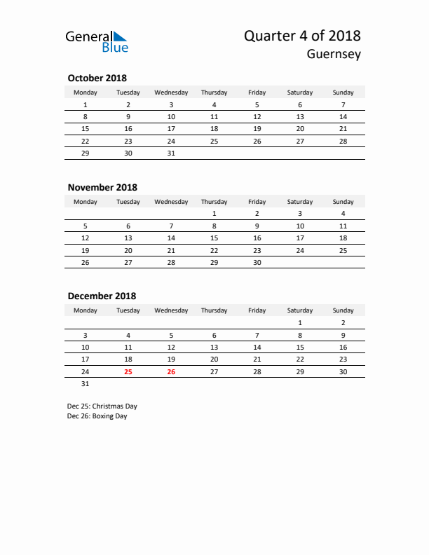 2018 Q4 Three-Month Calendar for Guernsey