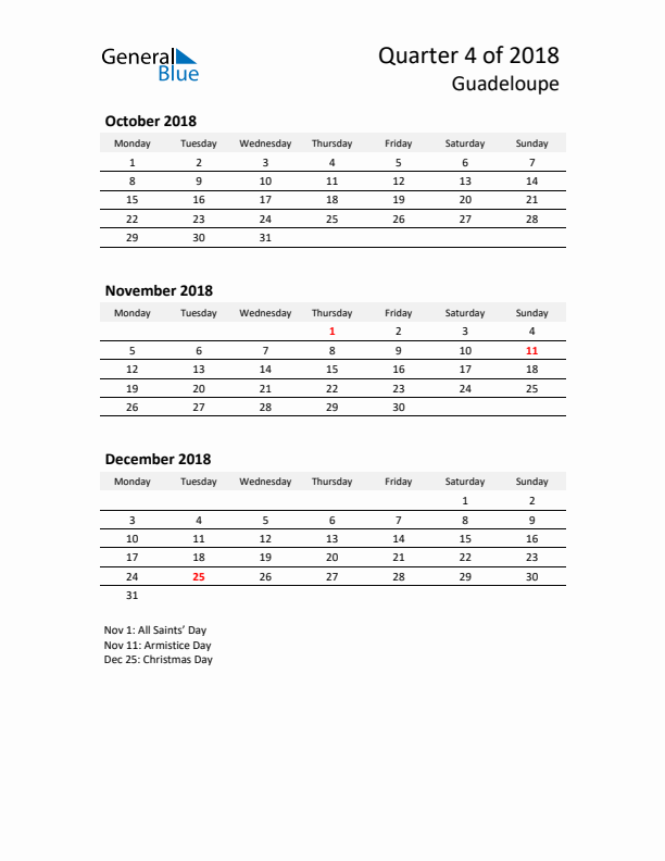 2018 Q4 Three-Month Calendar for Guadeloupe