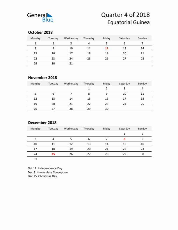 2018 Q4 Three-Month Calendar for Equatorial Guinea