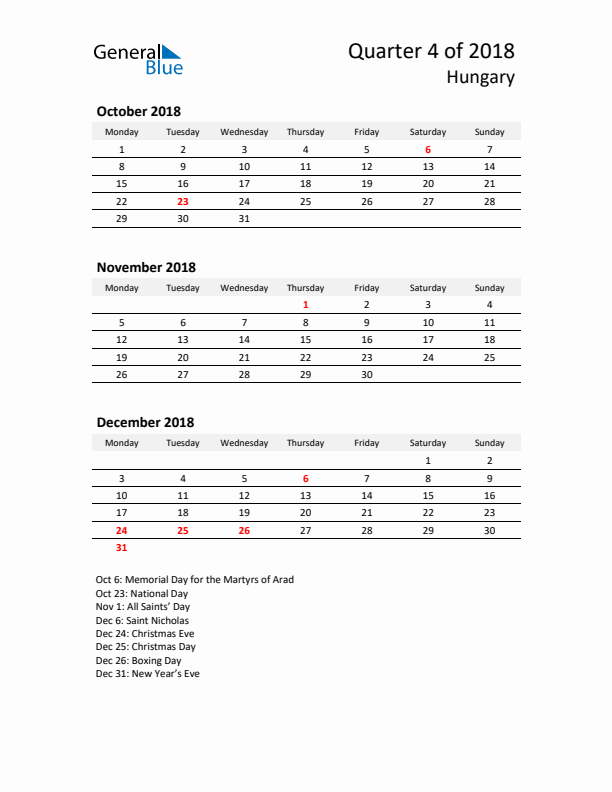 2018 Q4 Three-Month Calendar for Hungary