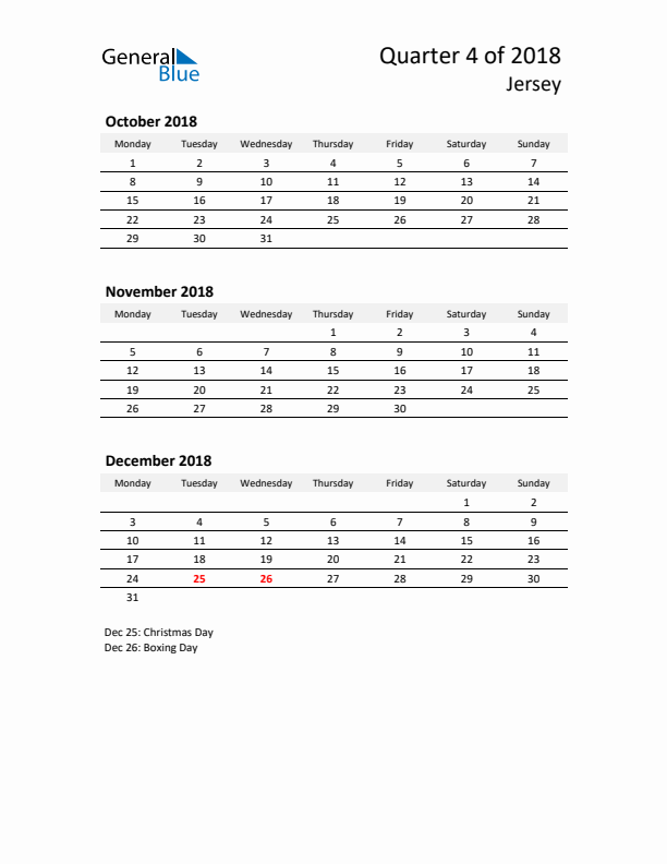 2018 Q4 Three-Month Calendar for Jersey