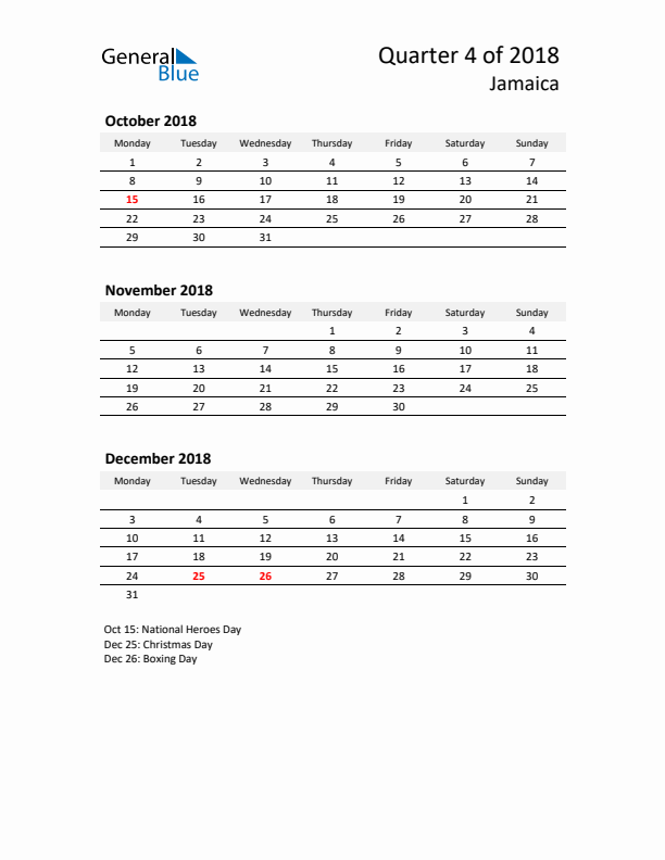 2018 Q4 Three-Month Calendar for Jamaica