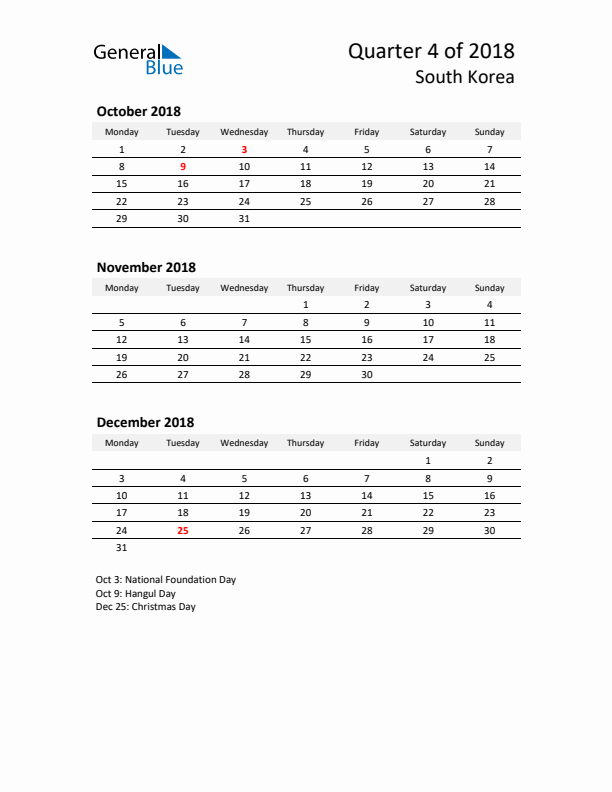 2018 Q4 Three-Month Calendar for South Korea