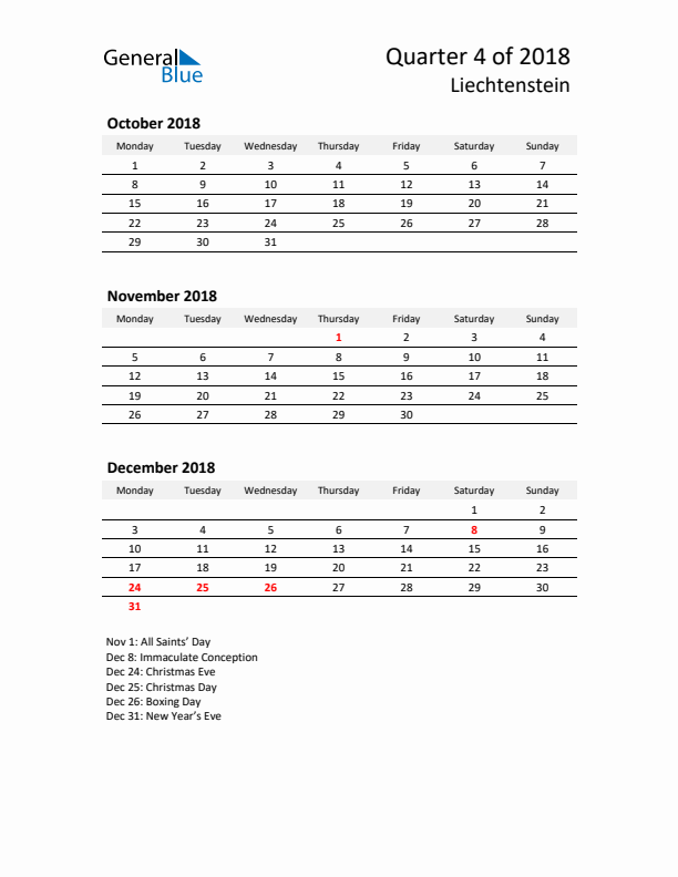 2018 Q4 Three-Month Calendar for Liechtenstein