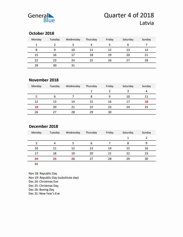 2018 Q4 Three-Month Calendar for Latvia