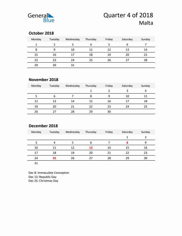 2018 Q4 Three-Month Calendar for Malta