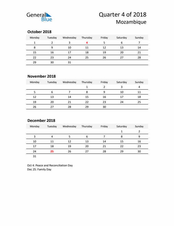 2018 Q4 Three-Month Calendar for Mozambique