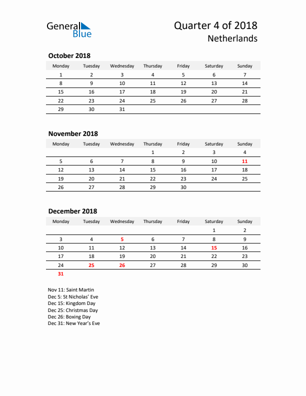 2018 Q4 Three-Month Calendar for The Netherlands