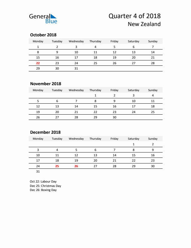 2018 Q4 Three-Month Calendar for New Zealand