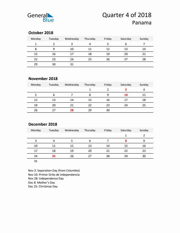 2018 Q4 Three-Month Calendar for Panama