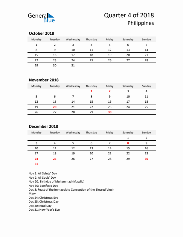 2018 Q4 Three-Month Calendar for Philippines