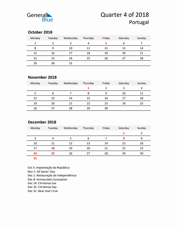 2018 Q4 Three-Month Calendar for Portugal