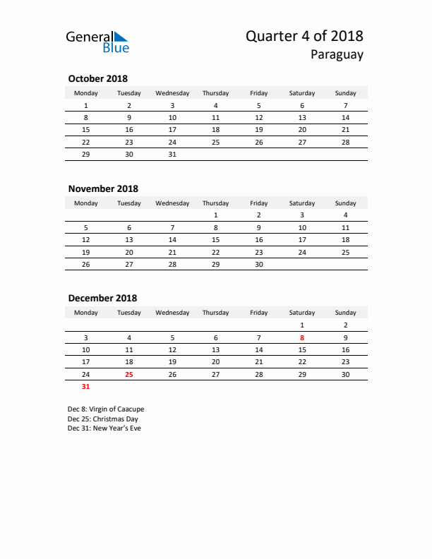 2018 Q4 Three-Month Calendar for Paraguay