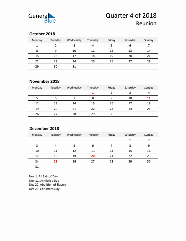 2018 Q4 Three-Month Calendar for Reunion