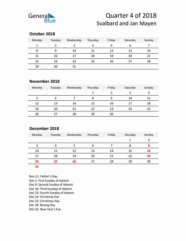 2018 Q4 Three-Month Calendar for Svalbard and Jan Mayen