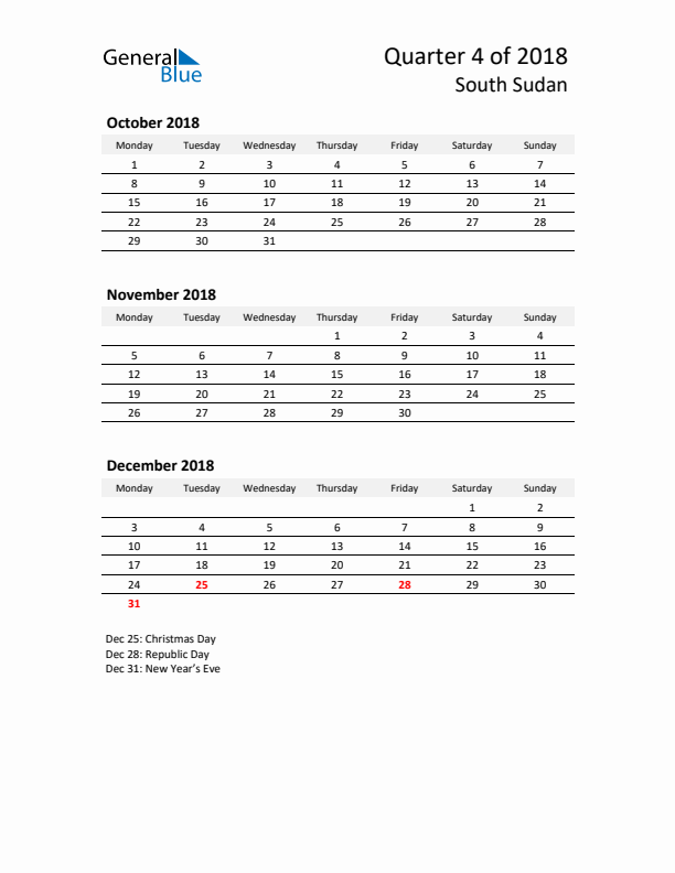 2018 Q4 Three-Month Calendar for South Sudan