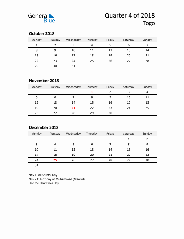 2018 Q4 Three-Month Calendar for Togo