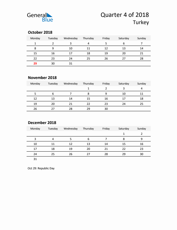 2018 Q4 Three-Month Calendar for Turkey