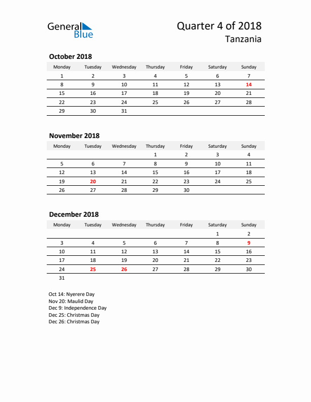 2018 Q4 Three-Month Calendar for Tanzania