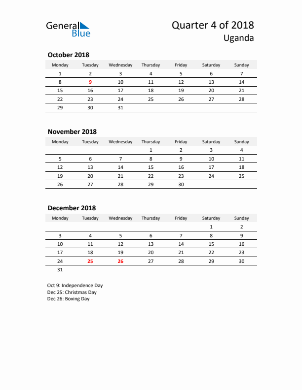 2018 Q4 Three-Month Calendar for Uganda