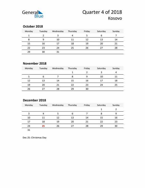 2018 Q4 Three-Month Calendar for Kosovo