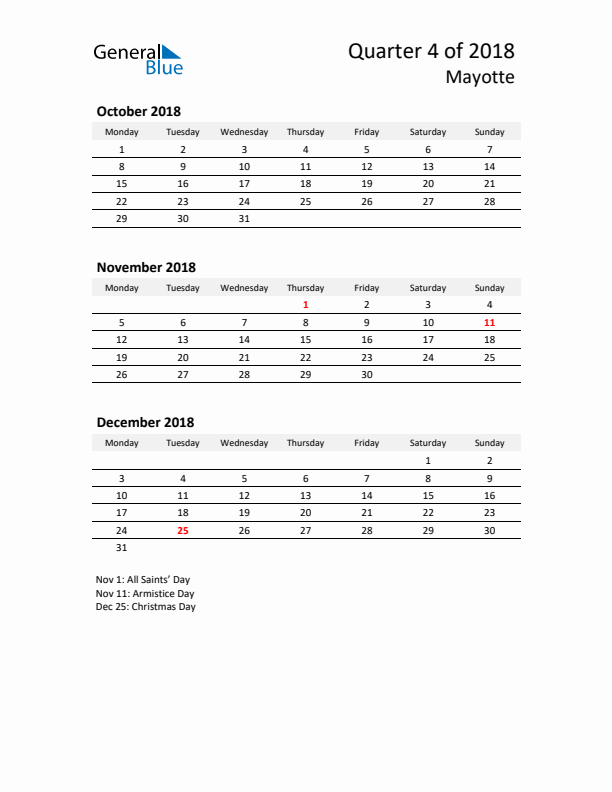 2018 Q4 Three-Month Calendar for Mayotte