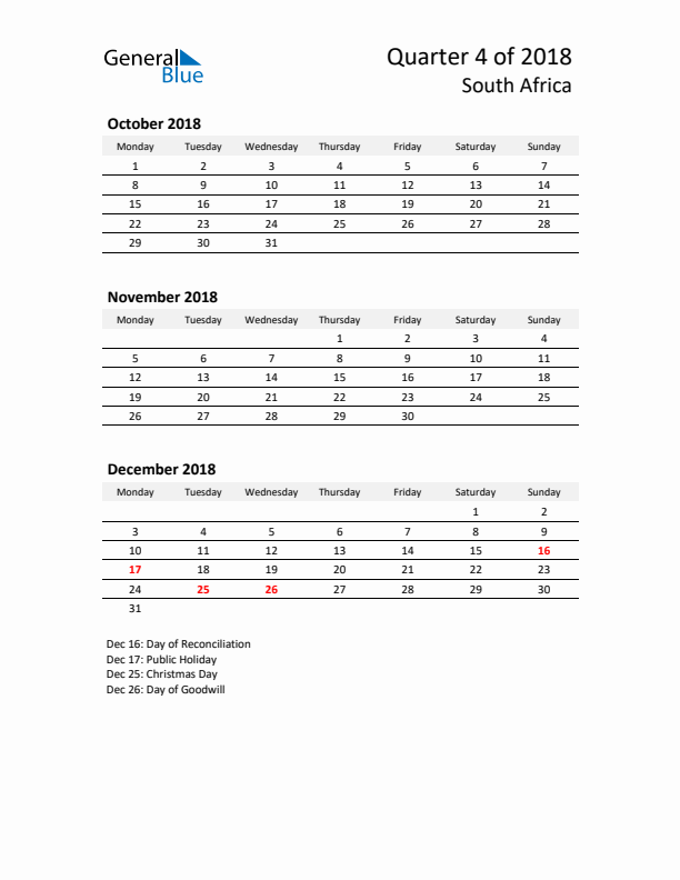 2018 Q4 Three-Month Calendar for South Africa