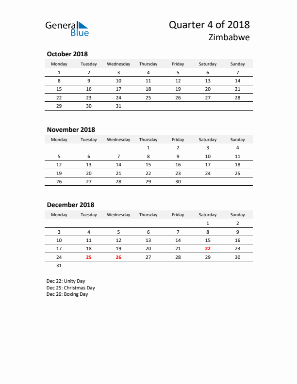 2018 Q4 Three-Month Calendar for Zimbabwe