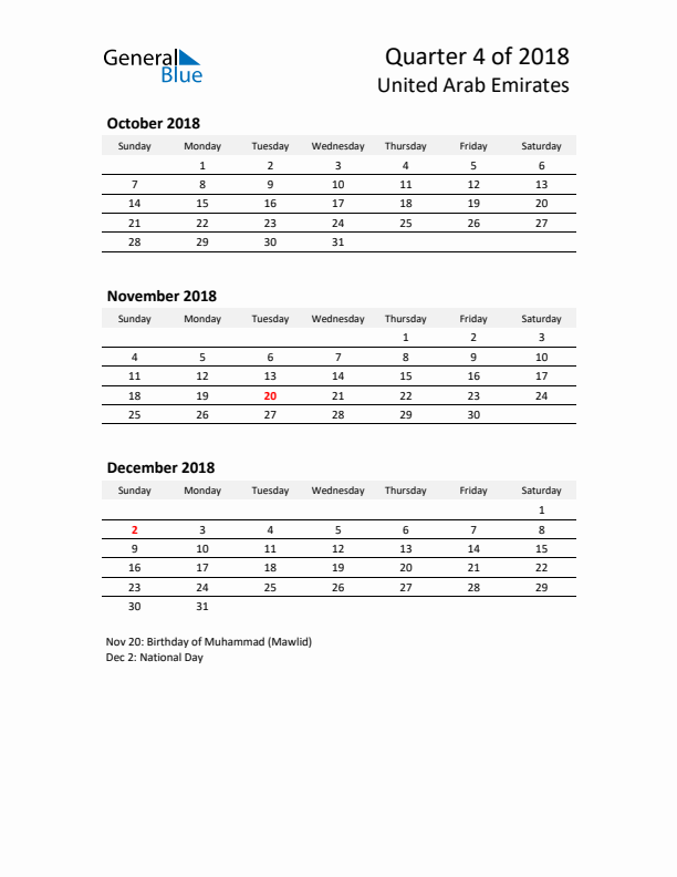 2018 Q4 Three-Month Calendar for United Arab Emirates