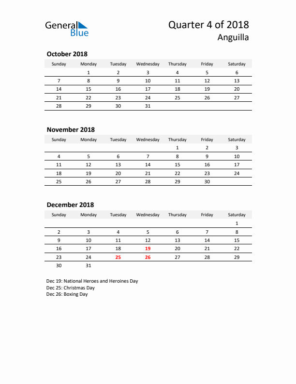 2018 Q4 Three-Month Calendar for Anguilla