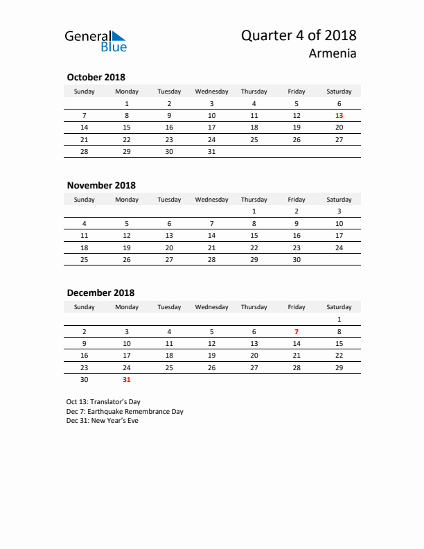 2018 Q4 Three-Month Calendar for Armenia