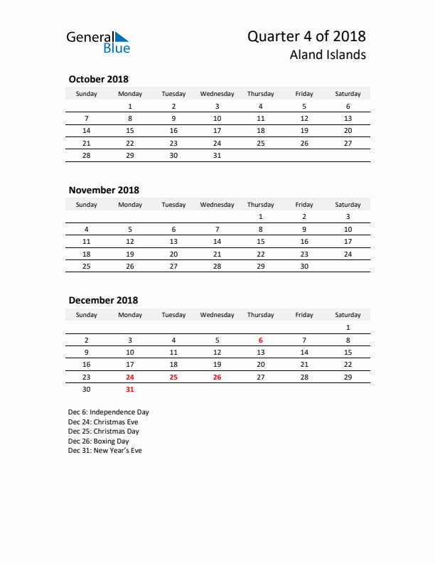 2018 Q4 Three-Month Calendar for Aland Islands