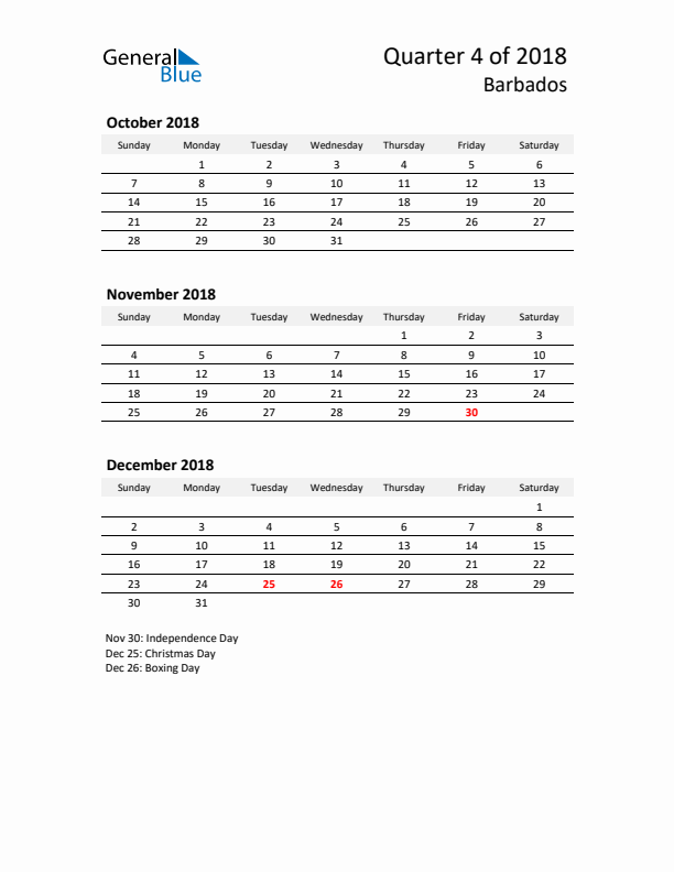 2018 Q4 Three-Month Calendar for Barbados