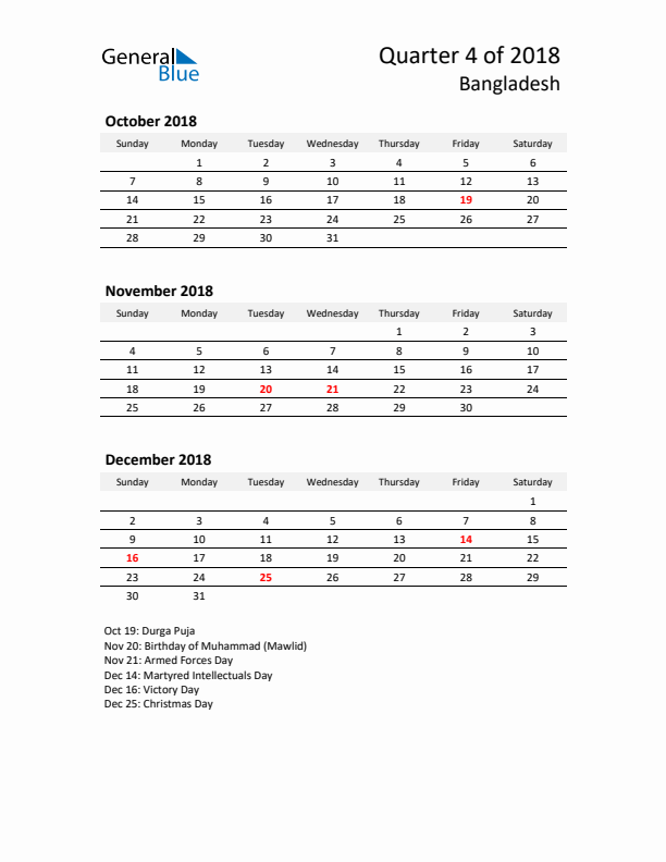 2018 Q4 Three-Month Calendar for Bangladesh