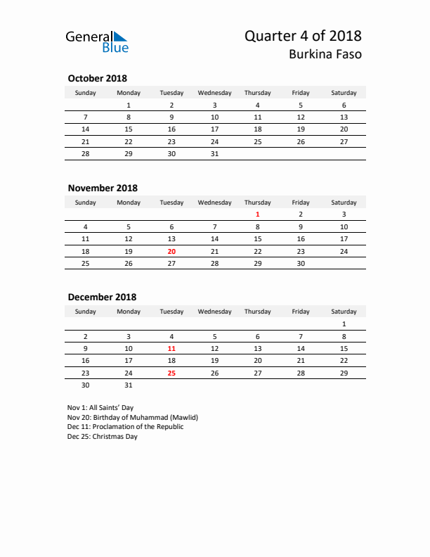 2018 Q4 Three-Month Calendar for Burkina Faso