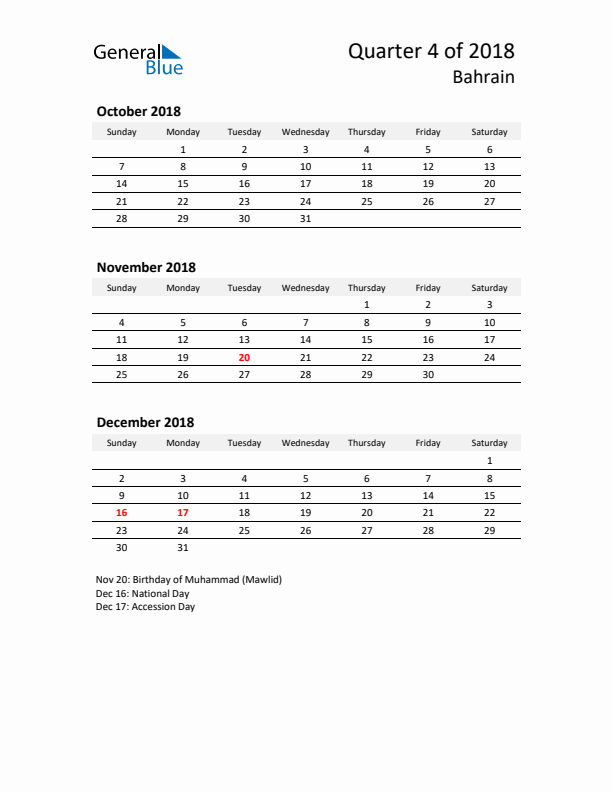 2018 Q4 Three-Month Calendar for Bahrain