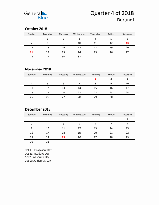 2018 Q4 Three-Month Calendar for Burundi