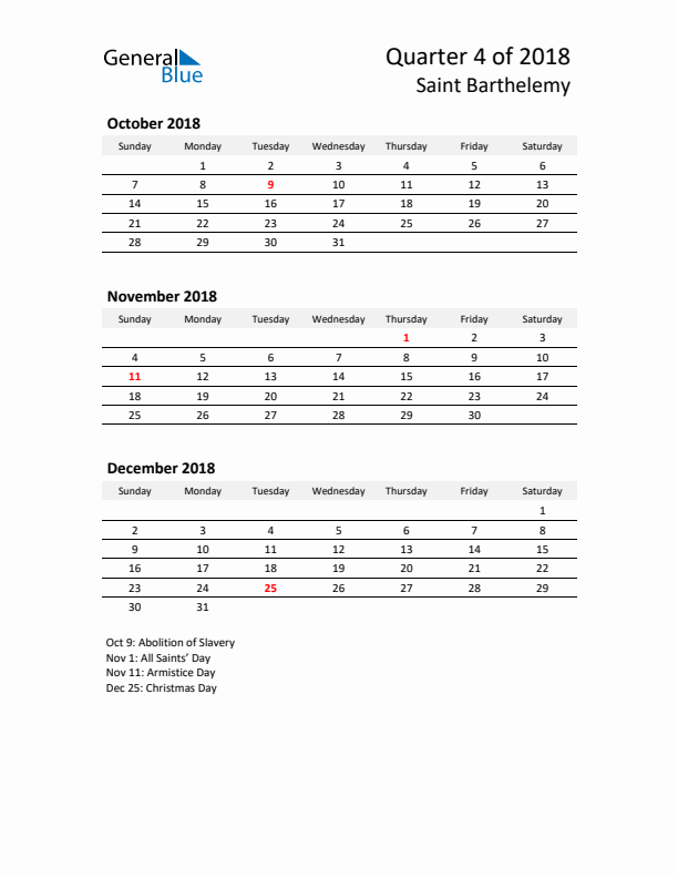 2018 Q4 Three-Month Calendar for Saint Barthelemy