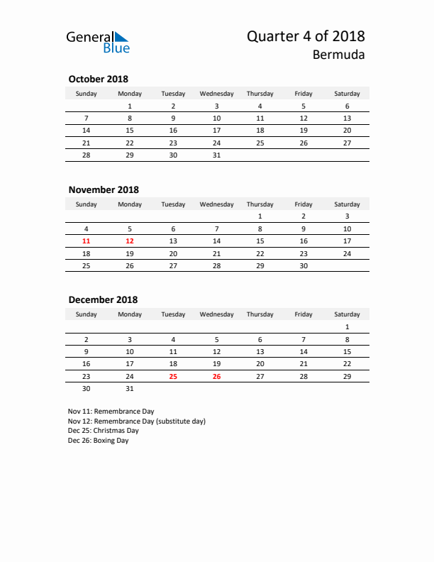 2018 Q4 Three-Month Calendar for Bermuda