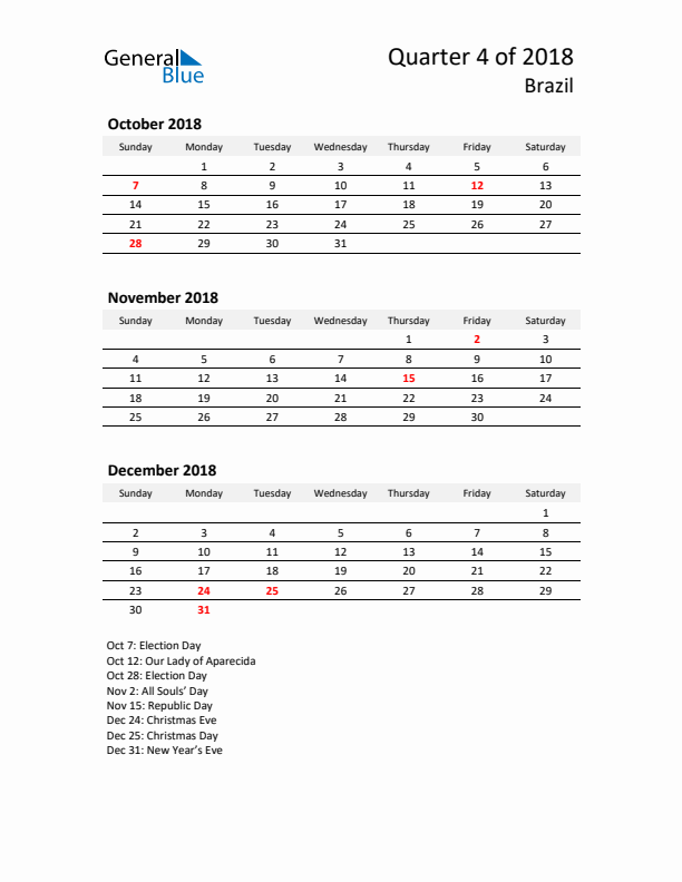 2018 Q4 Three-Month Calendar for Brazil