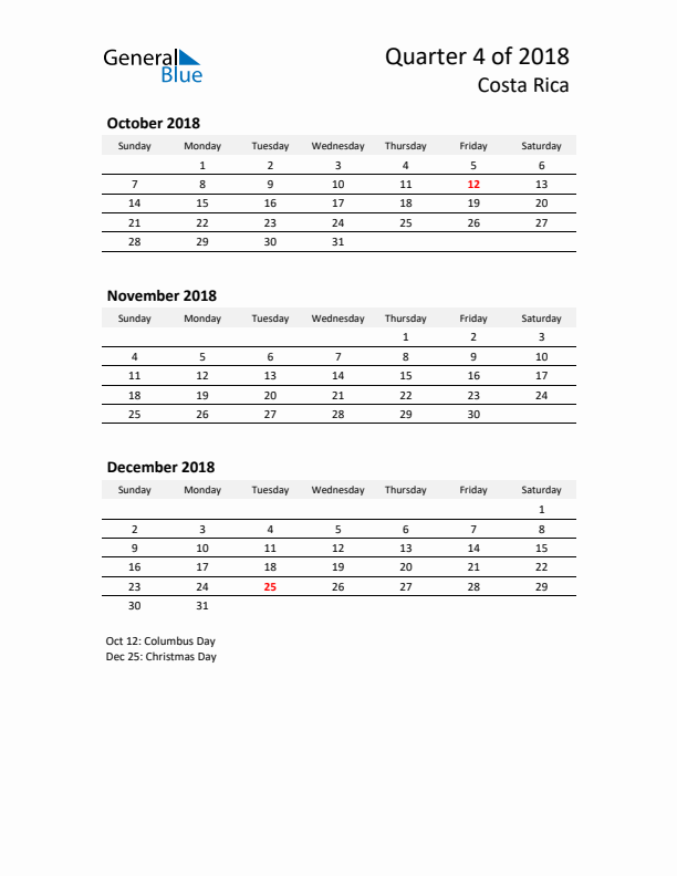 2018 Q4 Three-Month Calendar for Costa Rica