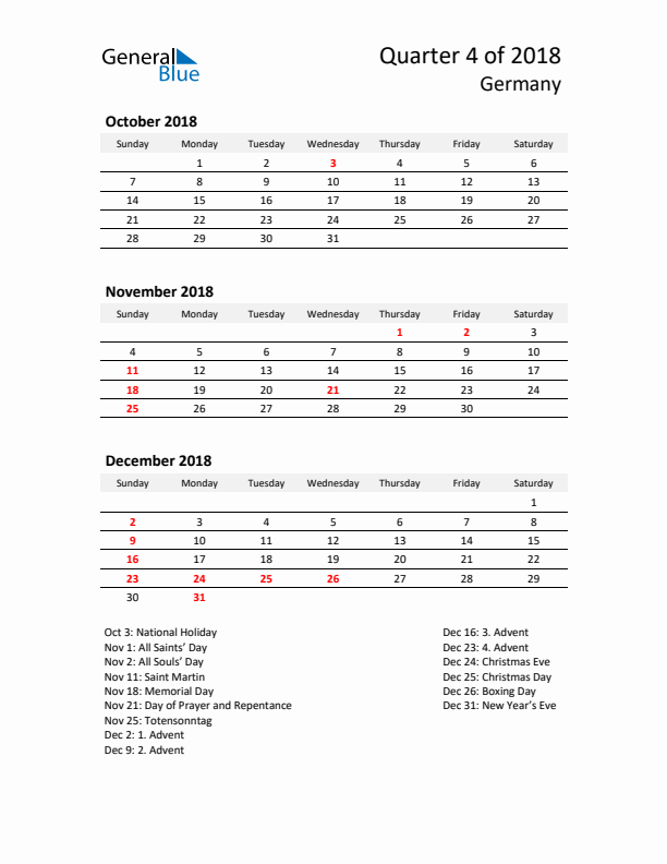 2018 Q4 Three-Month Calendar for Germany