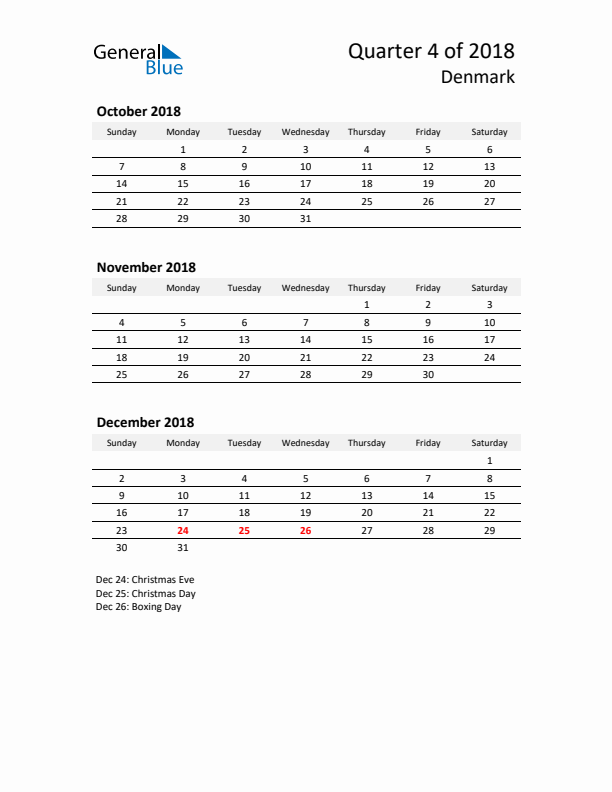 2018 Q4 Three-Month Calendar for Denmark