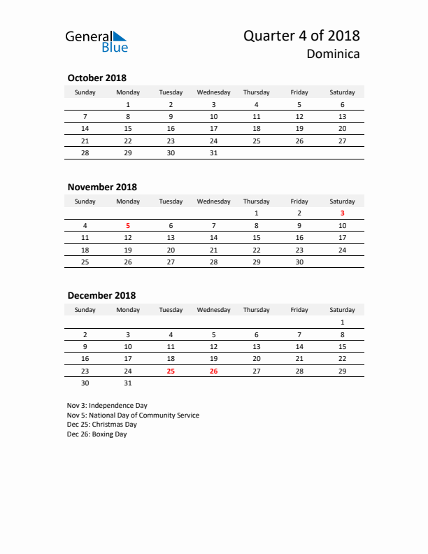 2018 Q4 Three-Month Calendar for Dominica