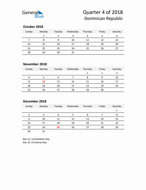 2018 Q4 Three-Month Calendar for Dominican Republic