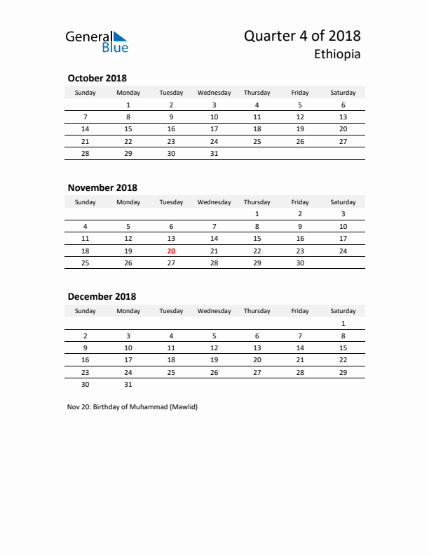 2018 Q4 Three-Month Calendar for Ethiopia