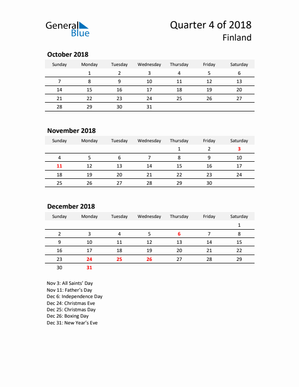 2018 Q4 Three-Month Calendar for Finland