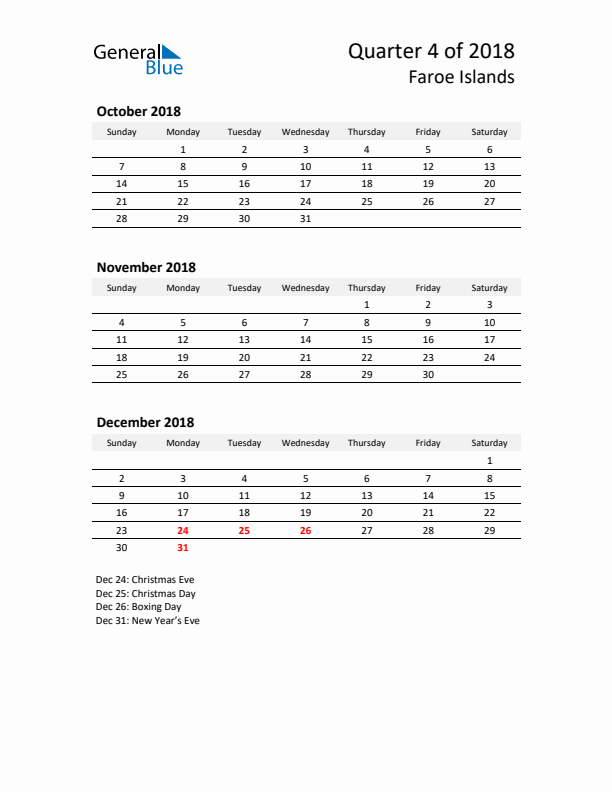 2018 Q4 Three-Month Calendar for Faroe Islands