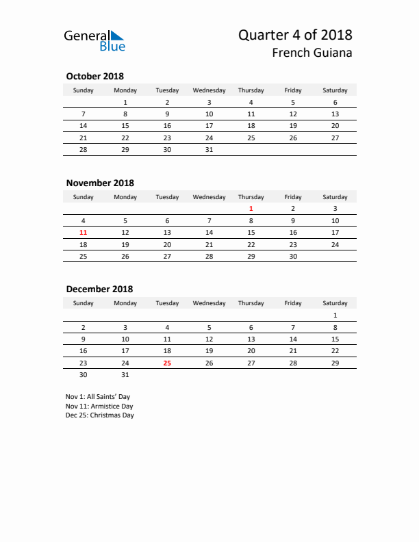 2018 Q4 Three-Month Calendar for French Guiana