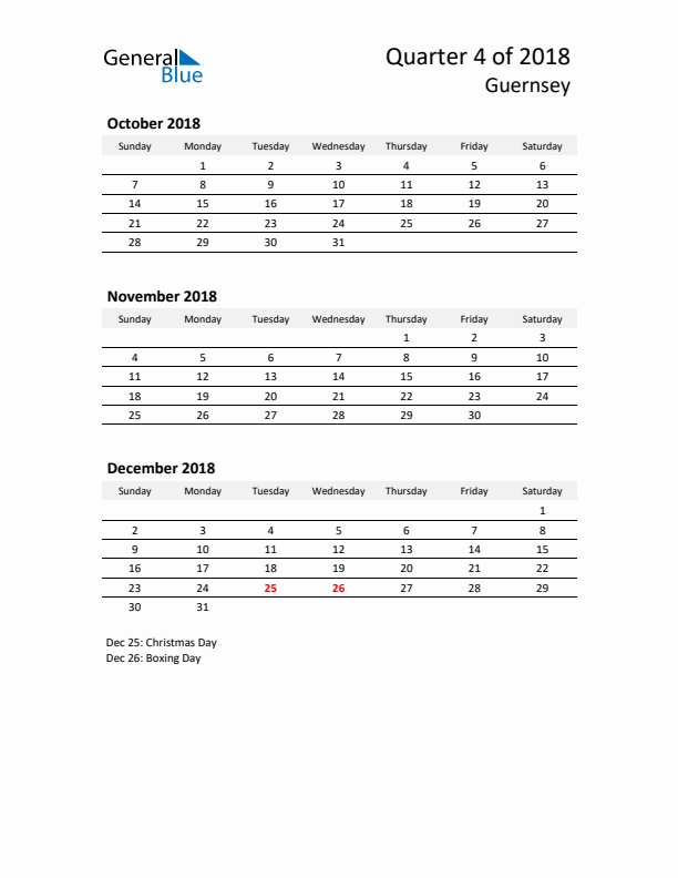 2018 Q4 Three-Month Calendar for Guernsey